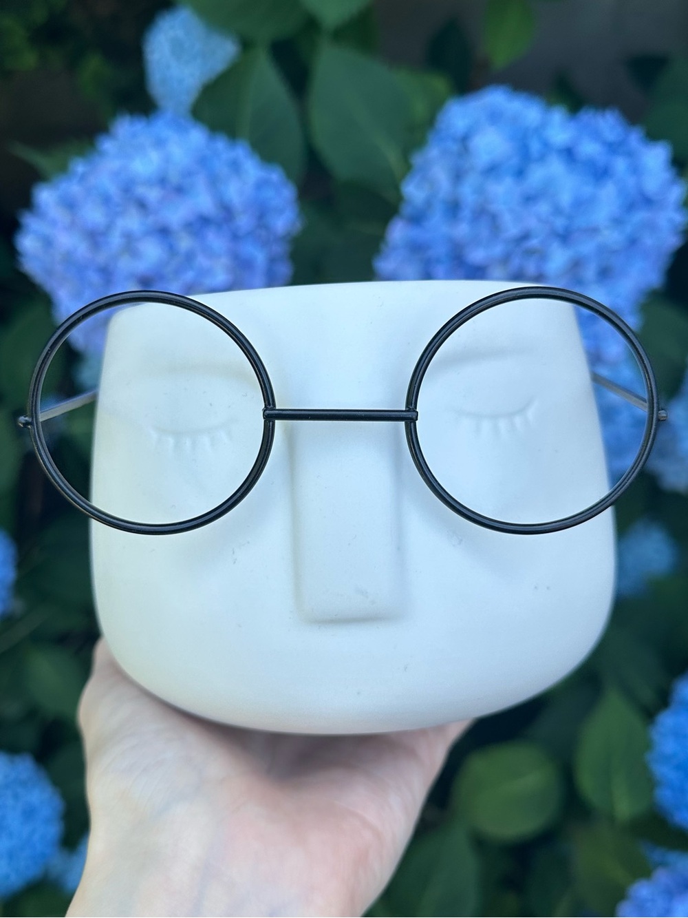 White Ceramic/Clay Face w/ Glasses Flower Pot Planter Whimsical Home Decor Matte